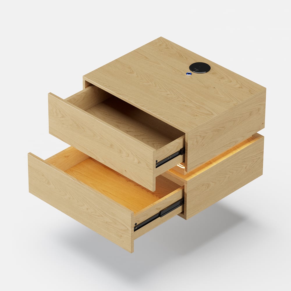 Lumio floating LED bedside table with 2 drawers, charging station and light - natural window image