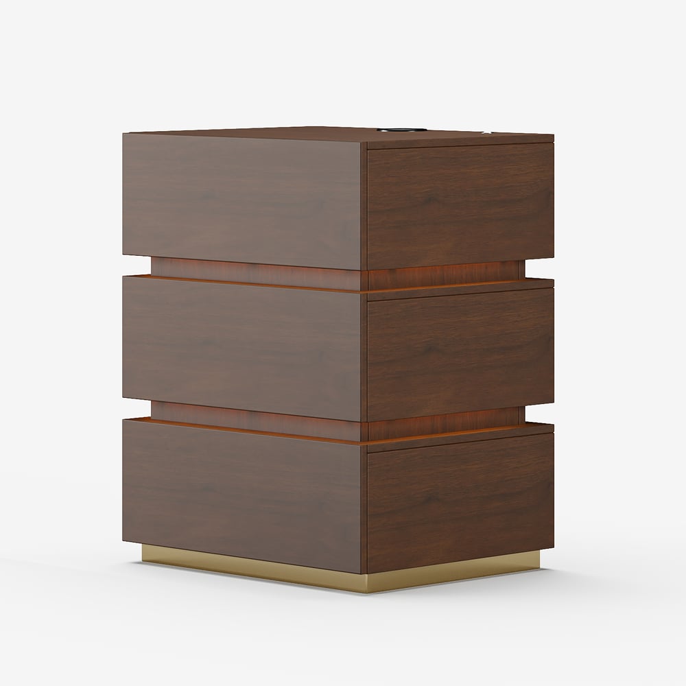 Table de chevet Lumio avec éclairage LED intelligent, 3 tiroirs et station de recharge - noyer image de fenêtre