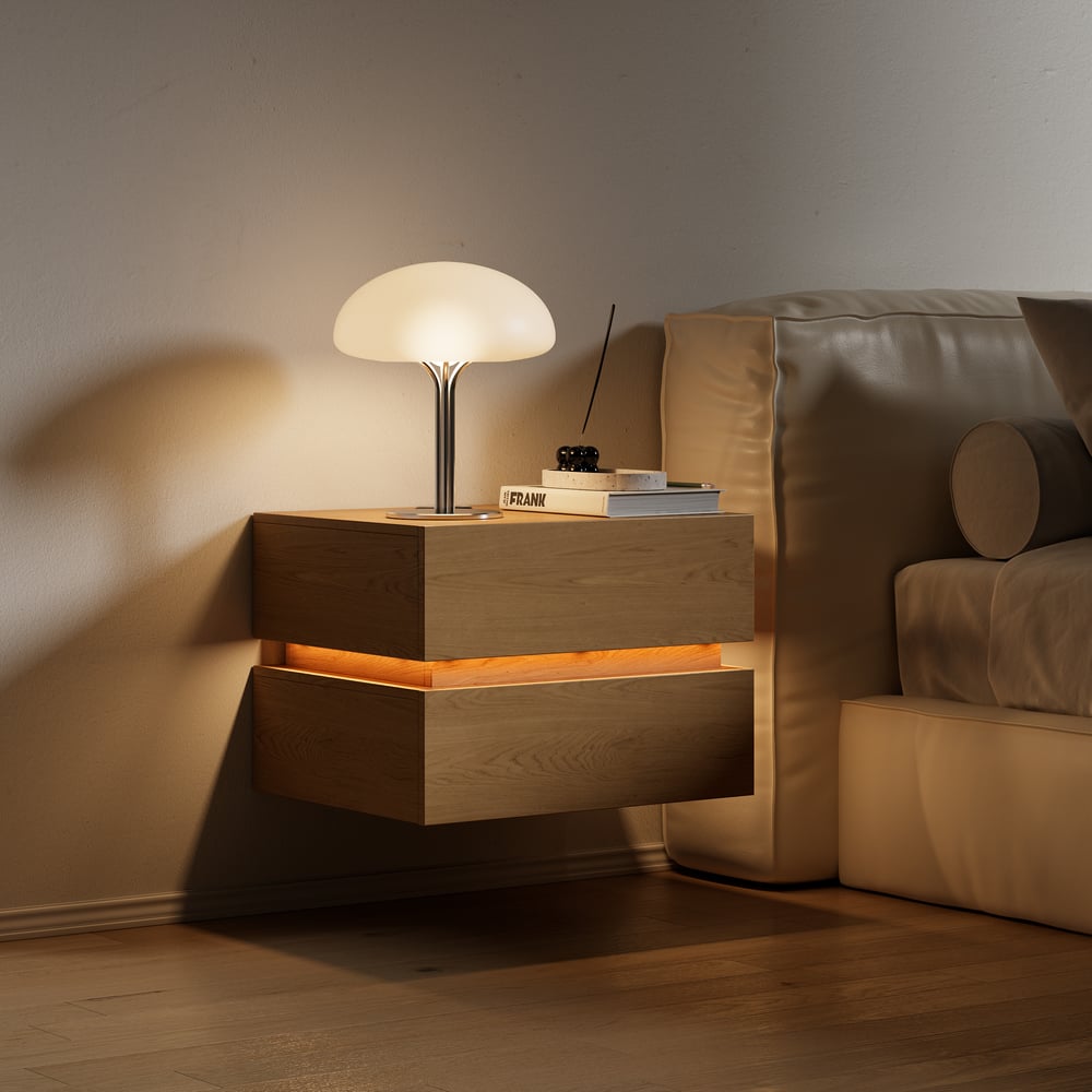 Lumio floating LED bedside table with 2 drawers, charging station and light - natural window image