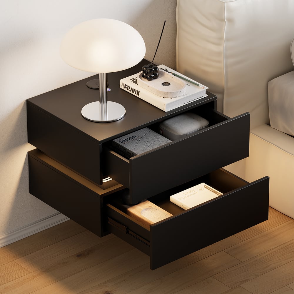 Lumio floating LED bedside table with 2 drawers, charging station and light - black window image