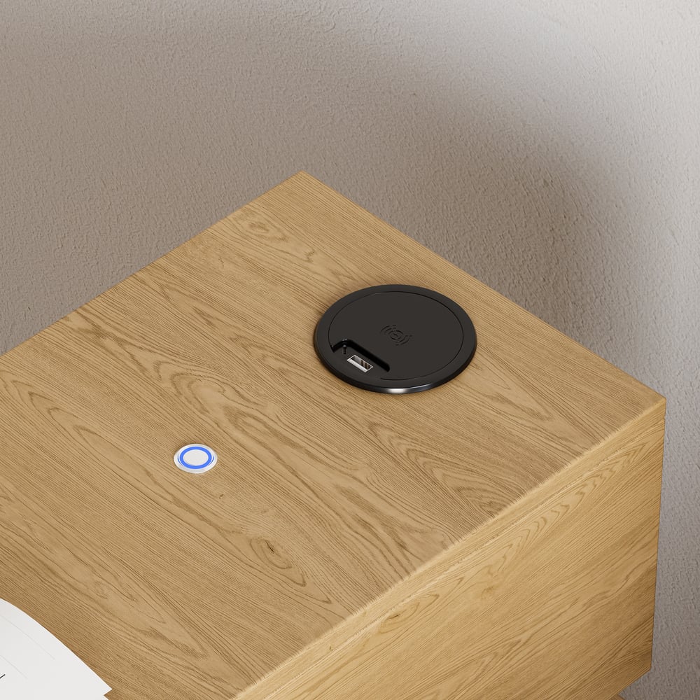 Table de chevet LED étroite Lumio avec 3 tiroirs, station de recharge et lampe - naturelle image de fenêtre