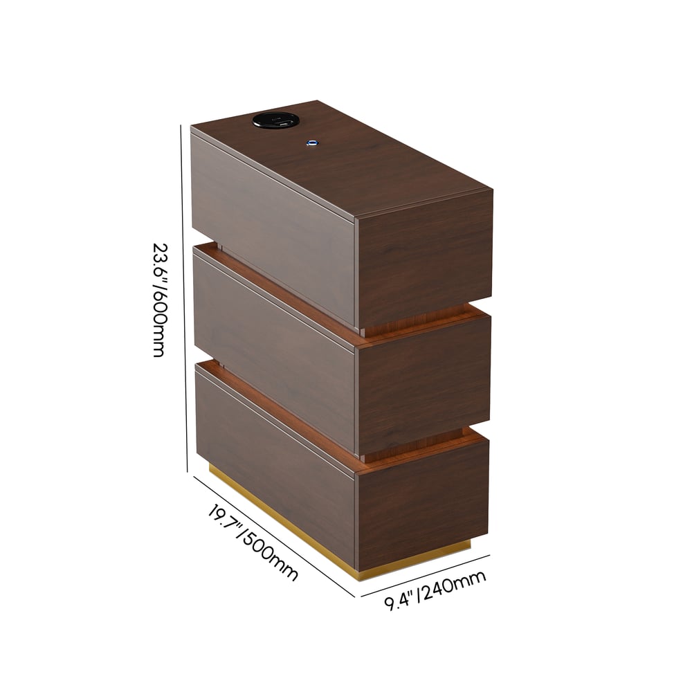 Mesa de cabeceira LED estreita Lumio com 3 gavetas, estação de carregamento e luz - nogueira Imagem com pesos e dimensões