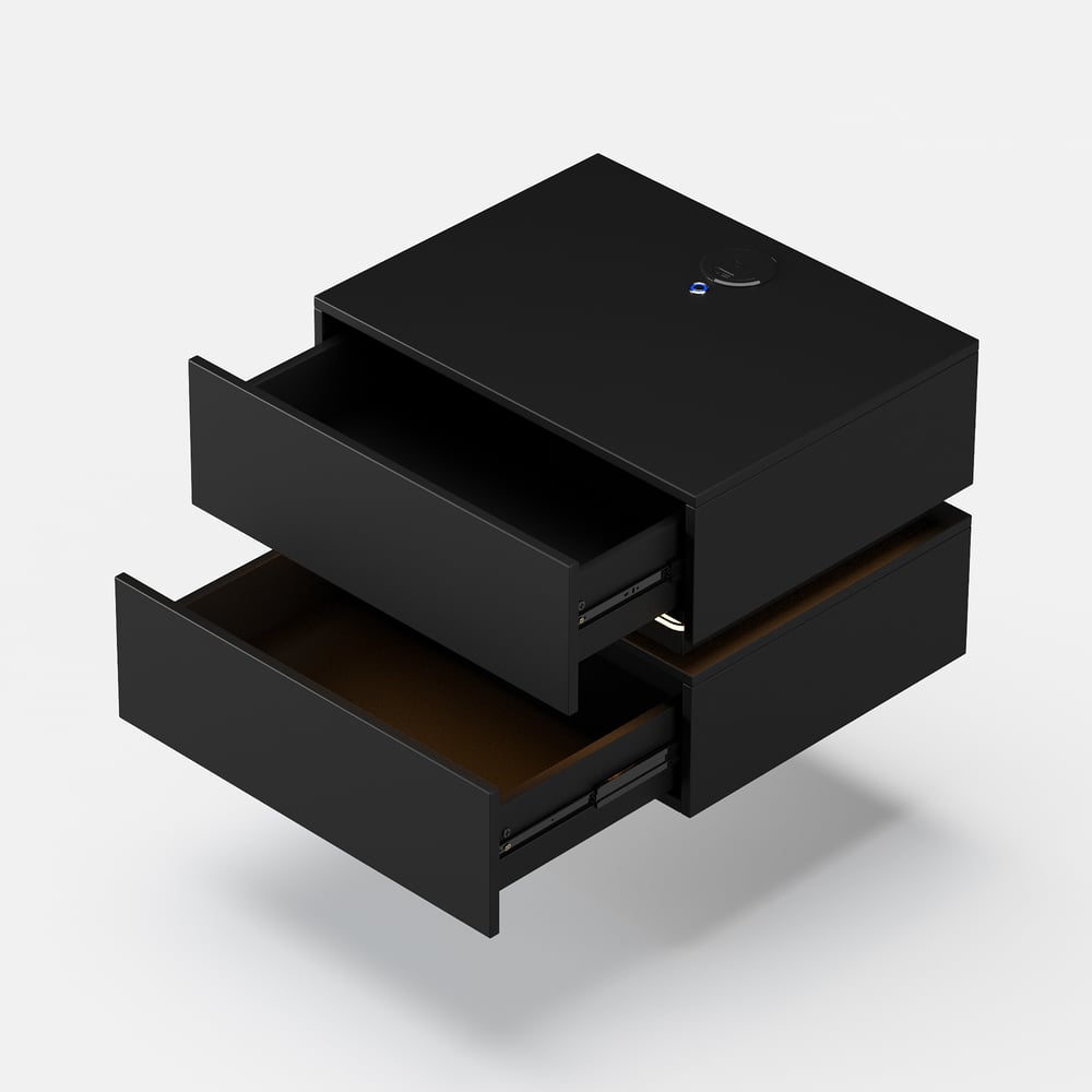 Lumio floating LED bedside table with 2 drawers, charging station and light - black window image