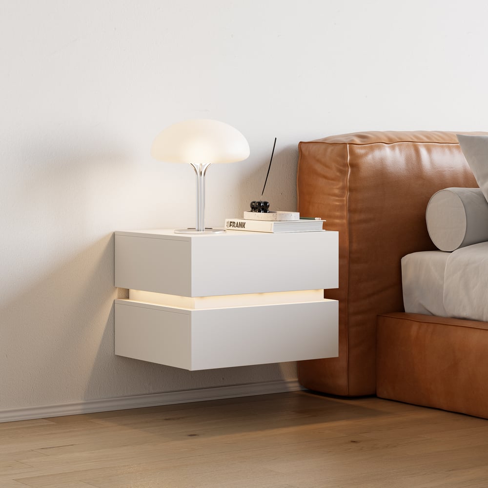 Mesa de cabeceira LED flutuante Lumio com 2 gavetas, estação de carregamento e luz - branca Imagem da janela