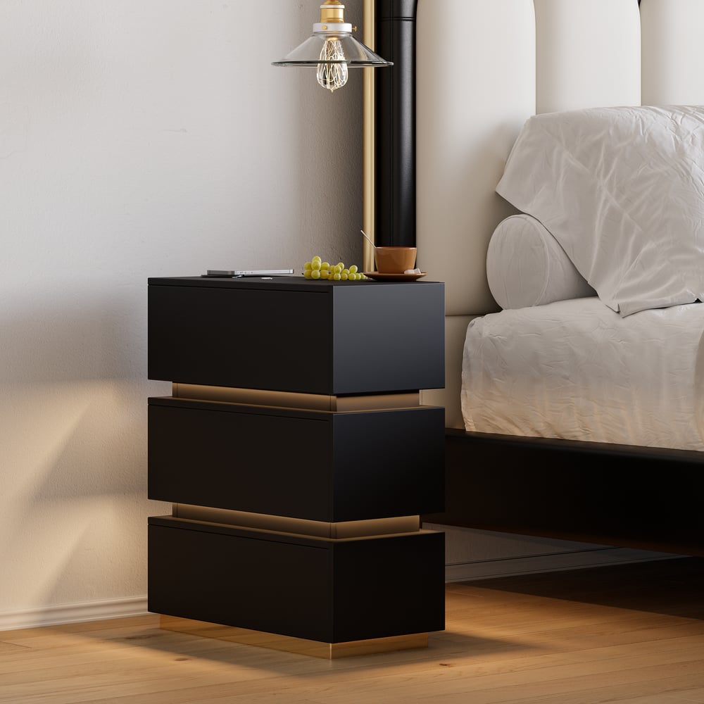 Table de chevet LED Lumio Narrow avec 3 tiroirs, station de charge et lampe, noire image de fenêtre