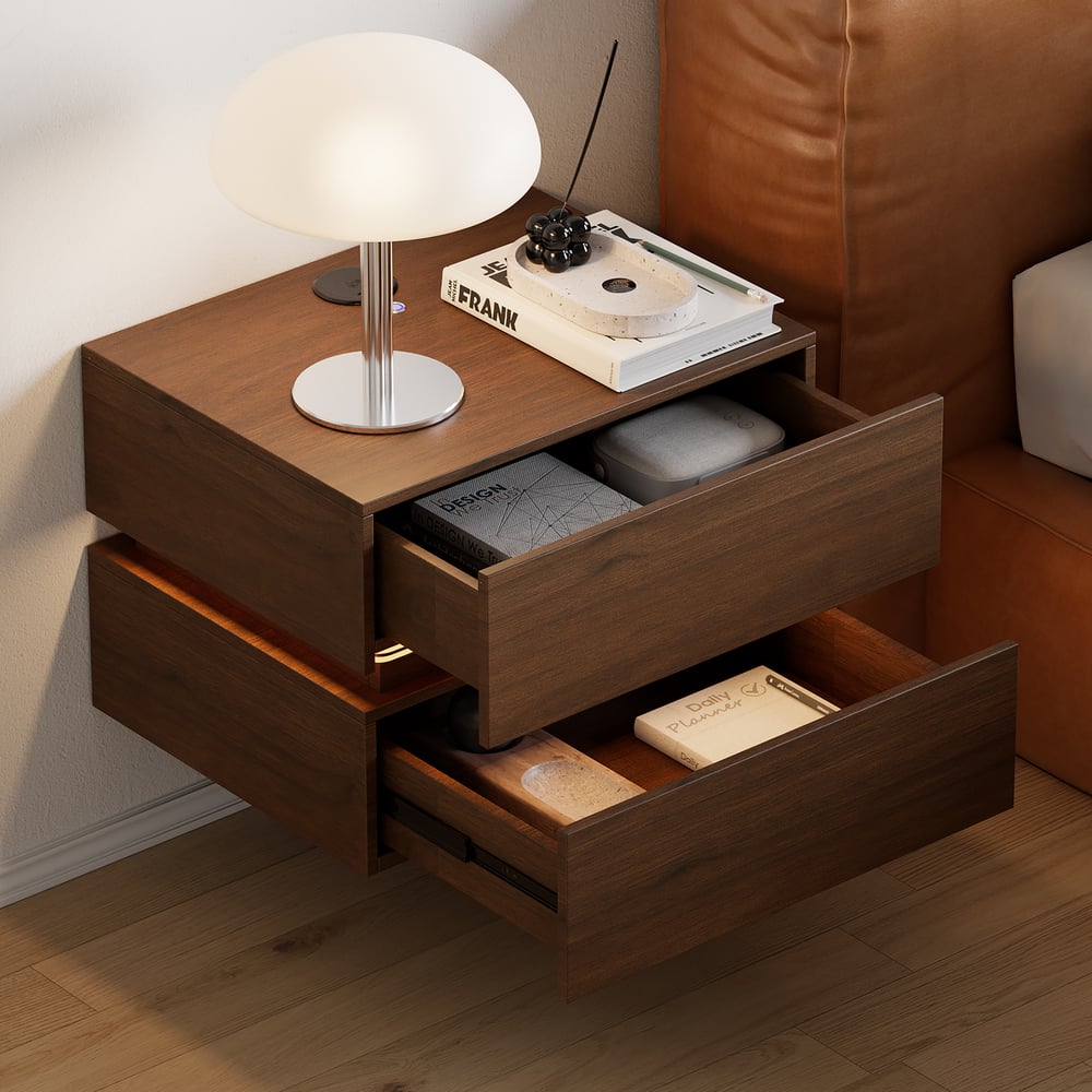 Table de chevet LED flottante Lumio avec 2 tiroirs, station de recharge et lampe - noyer image de fenêtre