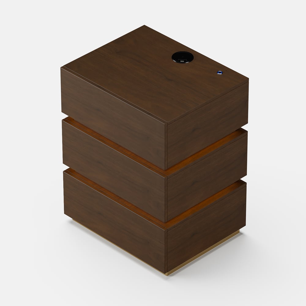 Table de chevet Lumio avec éclairage LED intelligent, 3 tiroirs et station de recharge - noyer image de fenêtre