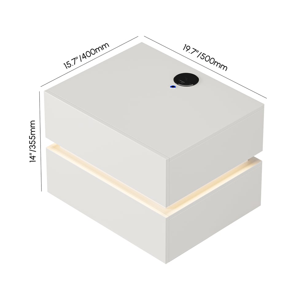 Mesa de cabeceira LED flutuante Lumio com 2 gavetas, estação de carregamento e luz - branca Imagem com pesos e dimensões