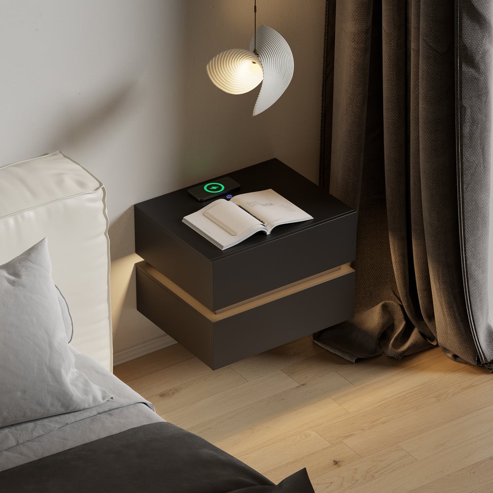 Lumio floating LED bedside table with 2 drawers, charging station and light - black window image