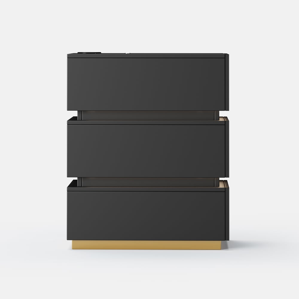 Table de chevet LED Lumio Narrow avec 3 tiroirs, station de charge et lampe, noire image de fenêtre