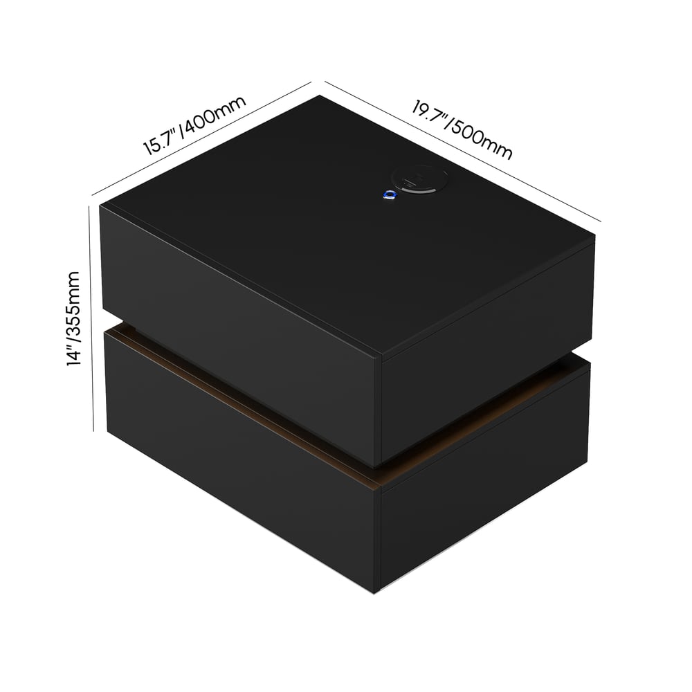 Lumio floating LED bedside table with 2 drawers, charging station and light - black weights dimensions image