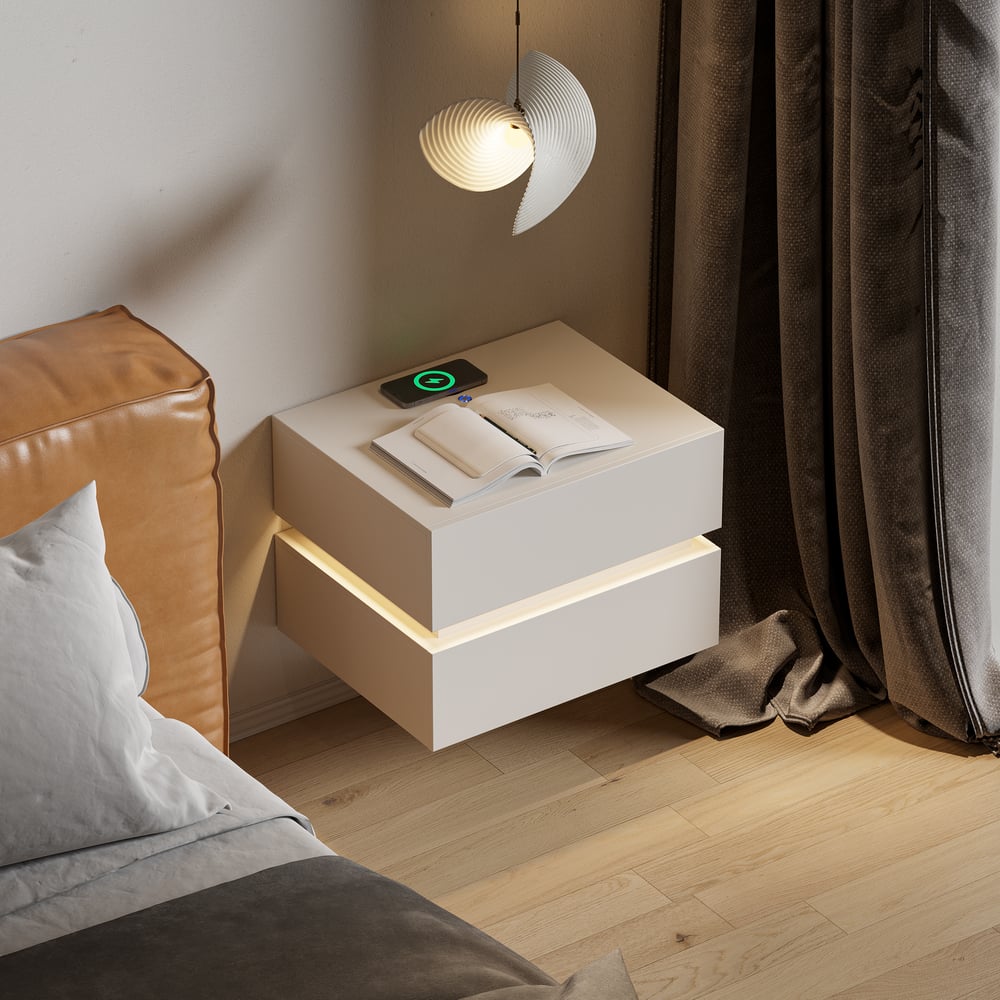 Mesa de cabeceira LED flutuante Lumio com 2 gavetas, estação de carregamento e luz - branca Imagem da janela
