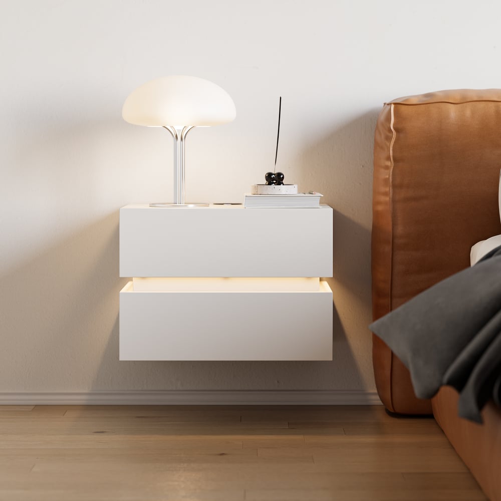 Mesa de cabeceira LED flutuante Lumio com 2 gavetas, estação de carregamento e luz - branca Imagem da janela