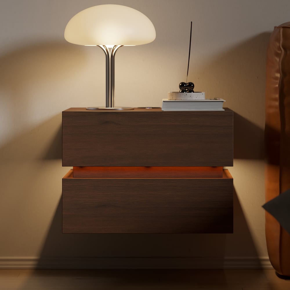 Table de chevet LED flottante Lumio avec 2 tiroirs, station de recharge et lampe - noyer image de fenêtre
