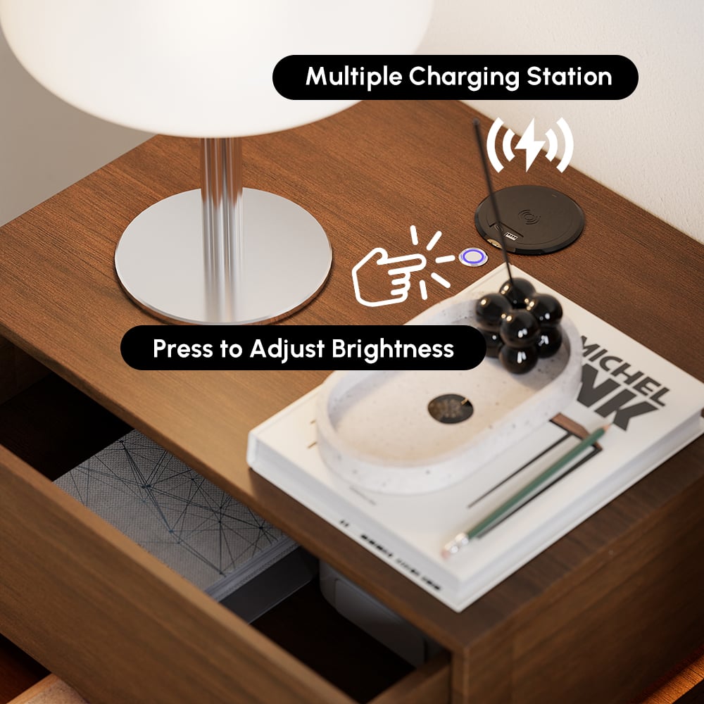 Mesa de cabeceira LED flutuante Lumio com 2 gavetas, estação de carregamento e luz - nogueira Imagem da janela