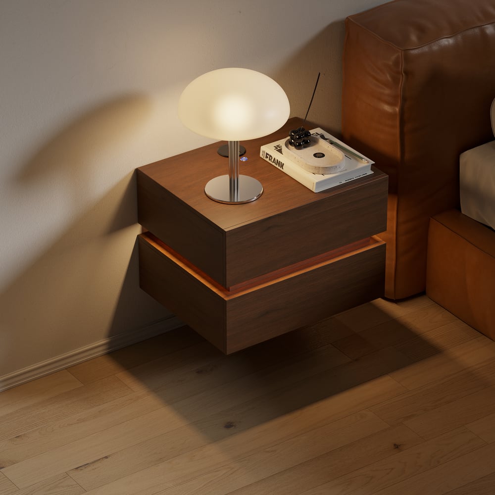Table de chevet LED flottante Lumio avec 2 tiroirs, station de recharge et lampe - noyer image de fenêtre