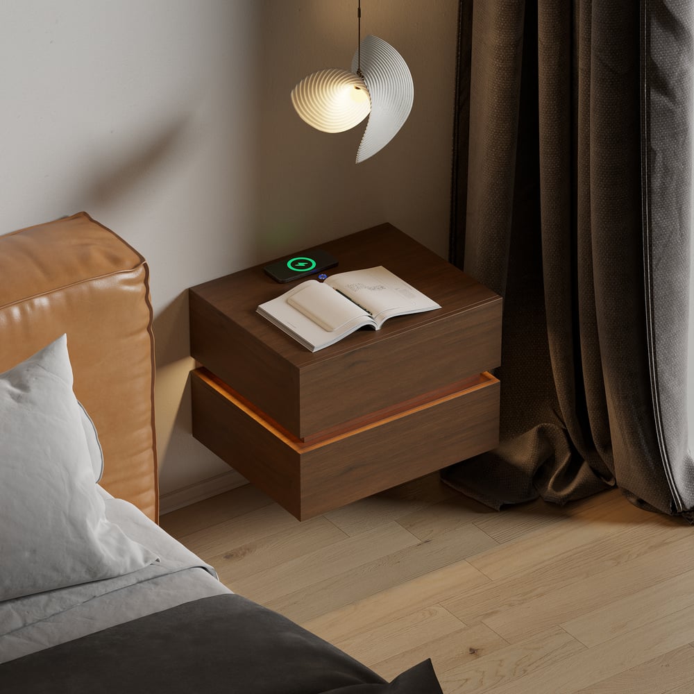 Table de chevet LED flottante Lumio avec 2 tiroirs, station de recharge et lampe - noyer image de fenêtre