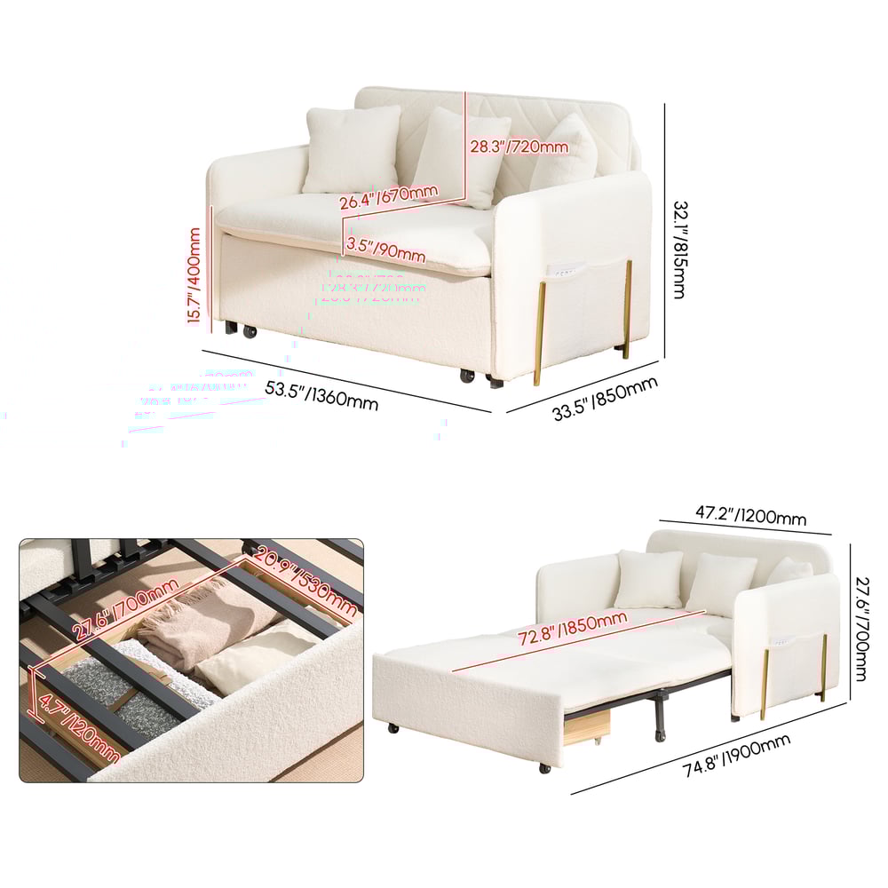 Canapé convertible 2 places 3-en-1 en bouclette blanche Poids, dimensions, image