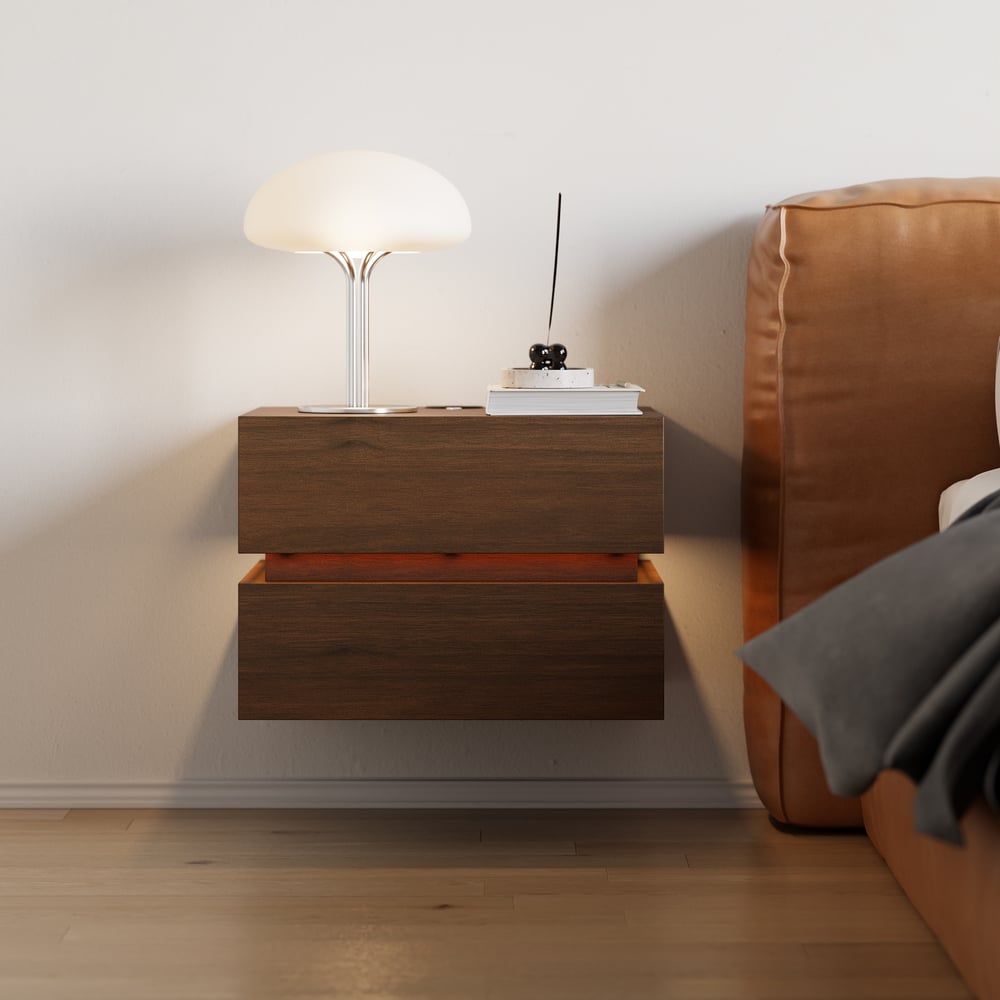 Table de chevet LED flottante Lumio avec 2 tiroirs, station de recharge et lampe - noyer image de fenêtre
