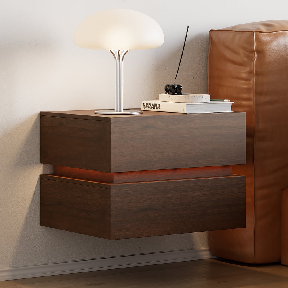 Mesa de cabeceira LED flutuante Lumio com 2 gavetas, estação de carregamento e luz - nogueira Imagem da janela