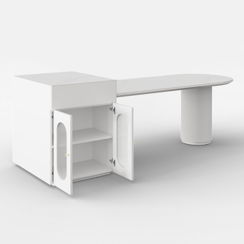 Expandable Kitchen Island with Marble-Pattern Sintered Stone Top 180-210cm