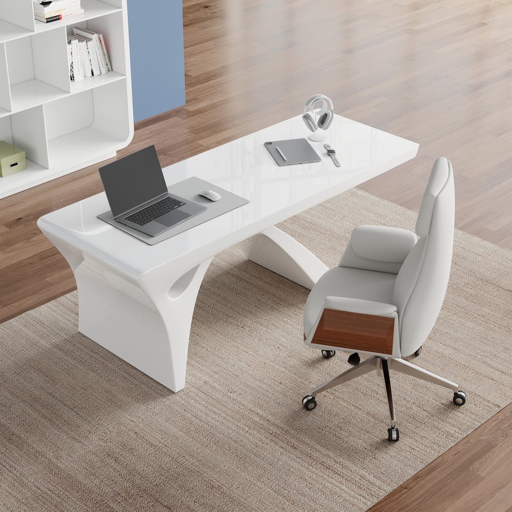 Reclining Leather Office Desk Chair High Back Adjustable Swivel White Executive Chair