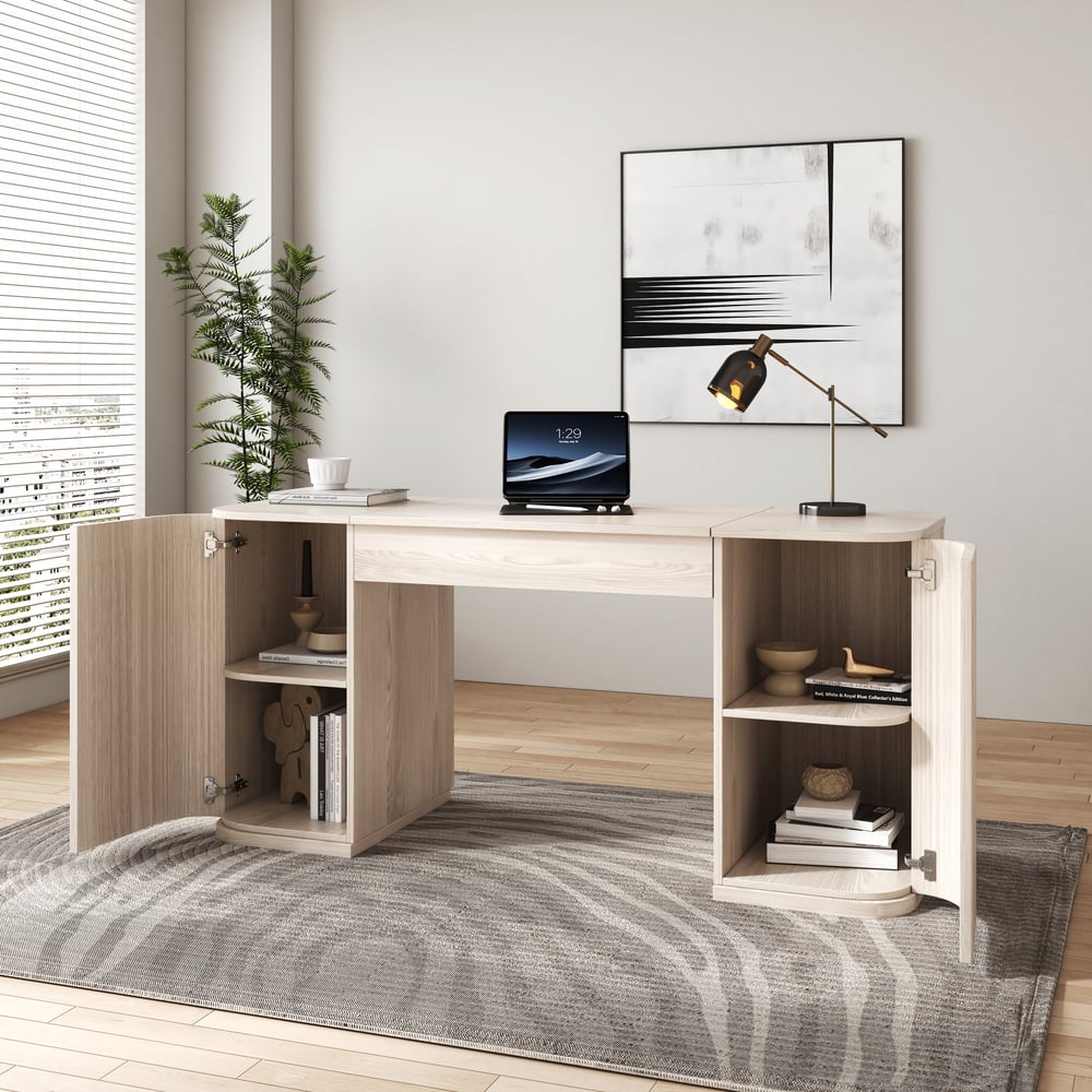 Modern Wash White Standing Computer Desk & Upholstered Swivel Task Chair Set (59.8" ) window image