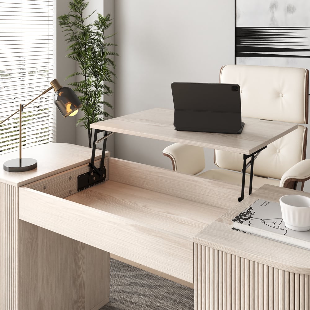 Modern Wash White Standing Computer Desk & Upholstered Swivel Task Chair Set (59.8" ) window image