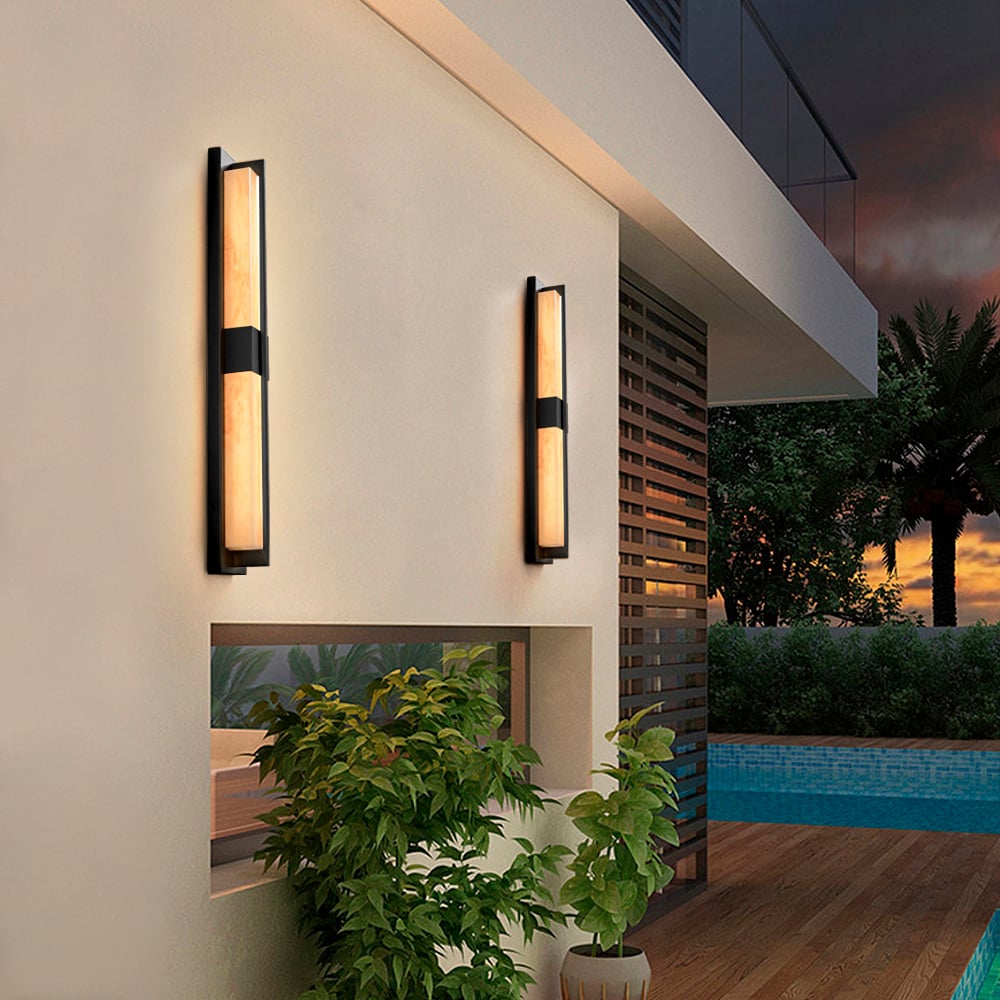 31" Outdoor Wall Light with Matte Black Iron Frame & Beige Marble-Effect Acrylic Shade window image