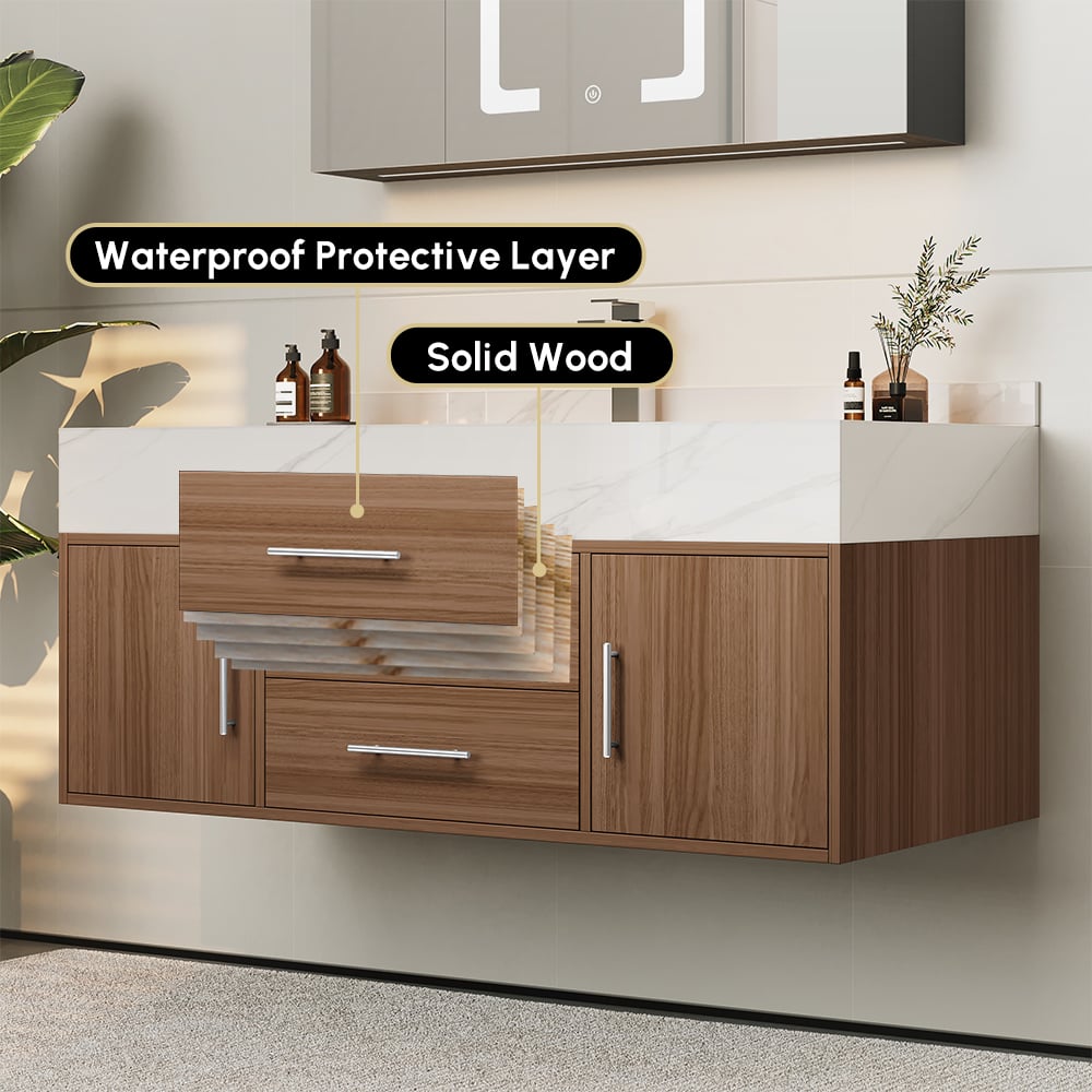 Bathroom Vanity Set 39.3" Modern Floating Stone Bathroom Vanity Walnut with Sink window image