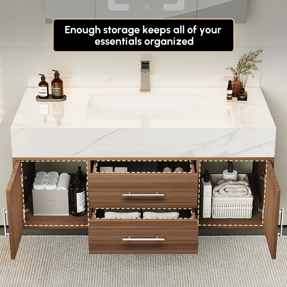 Bathroom Vanity Set 39.3" Modern Floating Stone Bathroom Vanity Walnut with Sink window image