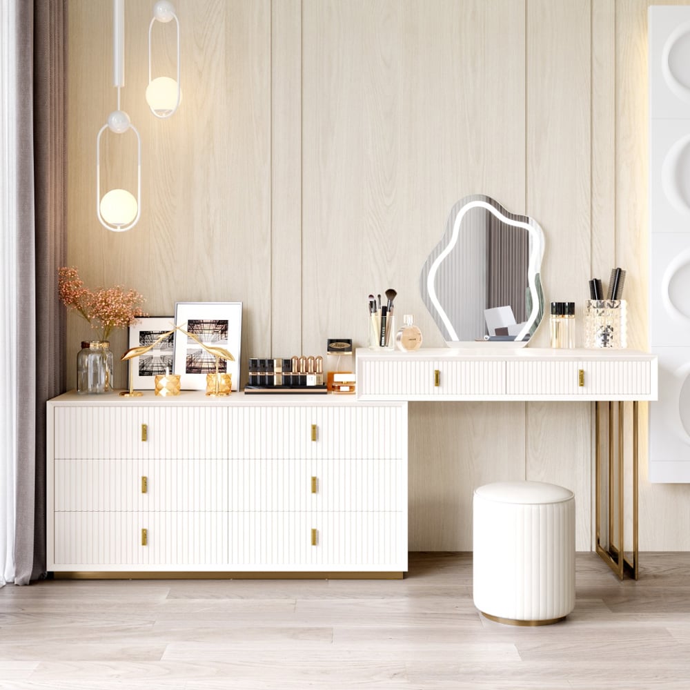 Modern White Makeup Vanity Set with 6-Drawer Cabinet Dressing Table with Stool & Mirror