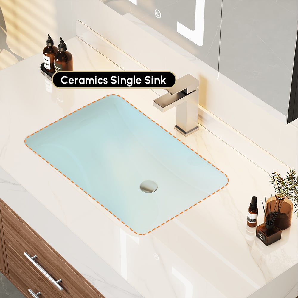Bathroom Vanity Set 39.3" Modern Floating Stone Bathroom Vanity Walnut with Sink window image