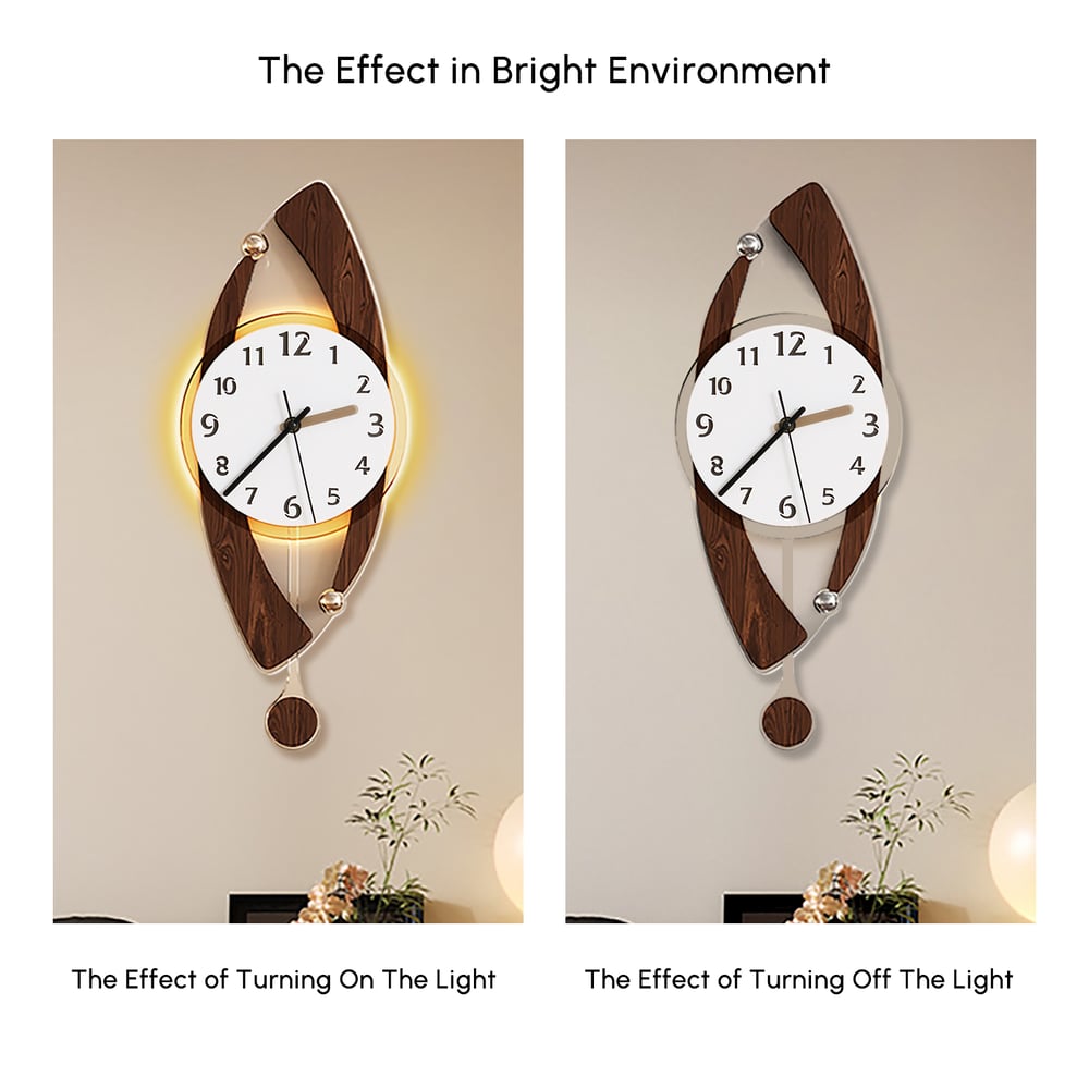 Modern Wall Clock with LED and Pendulum, Plug-in LED Light, Battery-Operated Clock