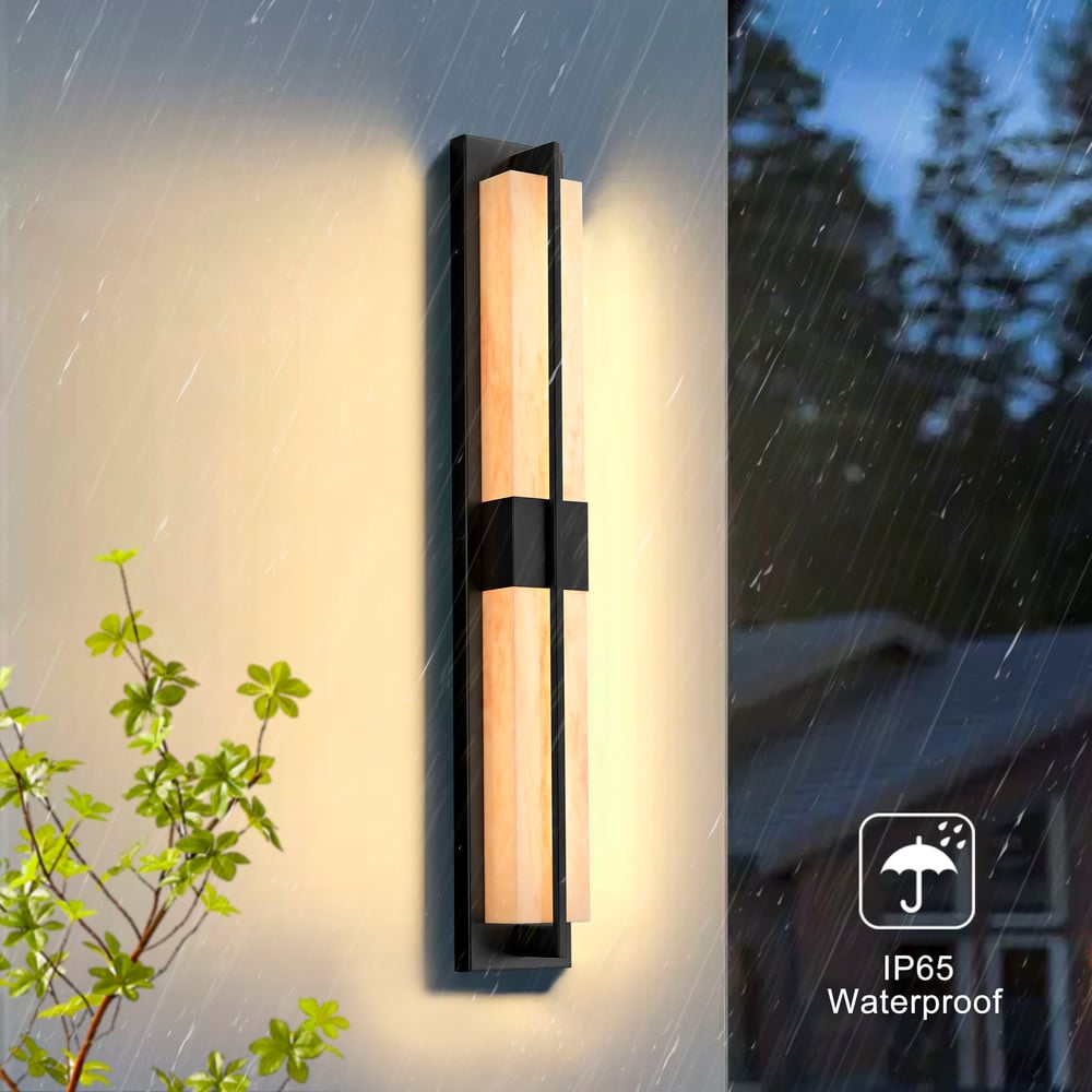 31" Outdoor Wall Light with Matte Black Iron Frame & Beige Marble-Effect Acrylic Shade window image
