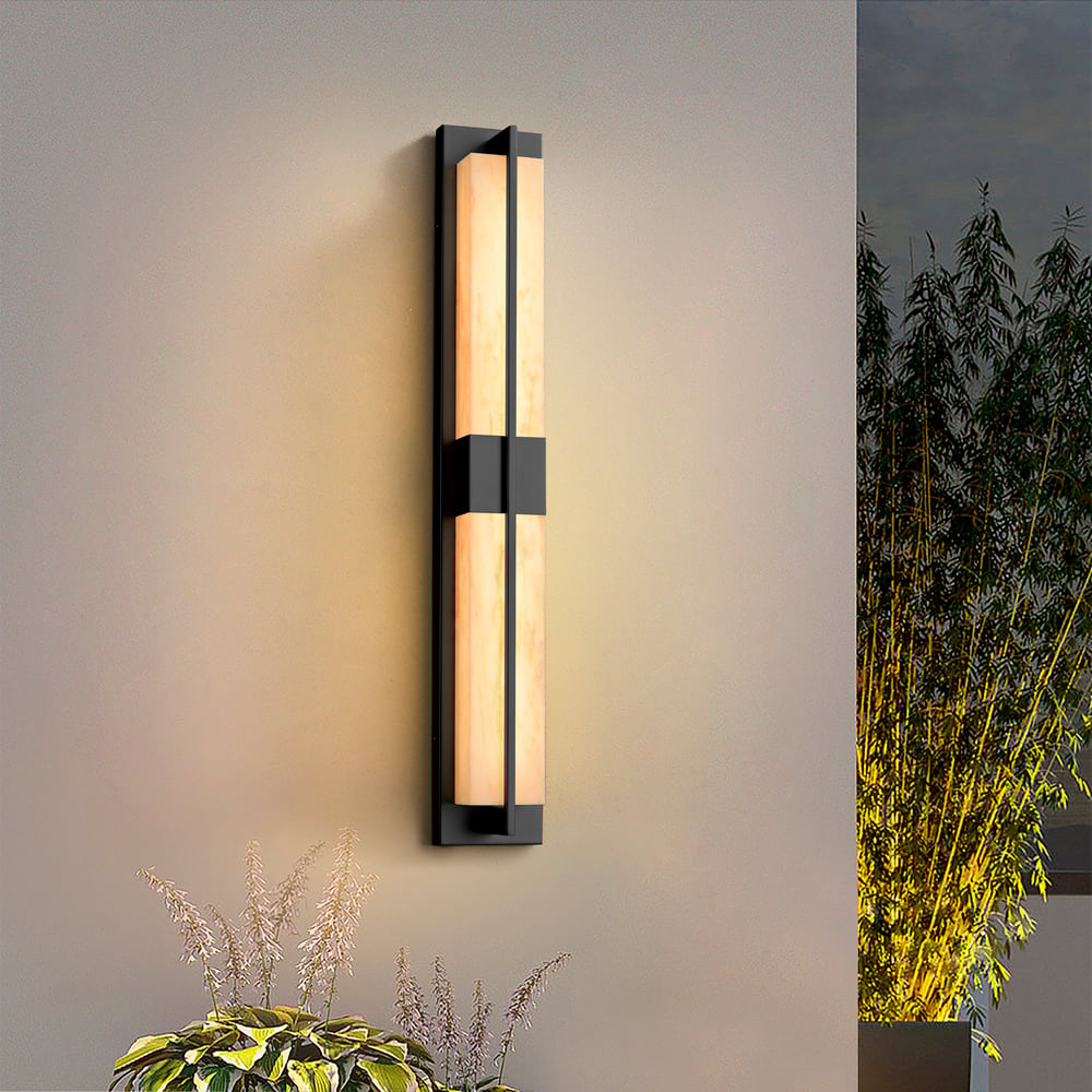 31" Outdoor Wall Light with Matte Black Iron Frame & Beige Marble-Effect Acrylic Shade window image