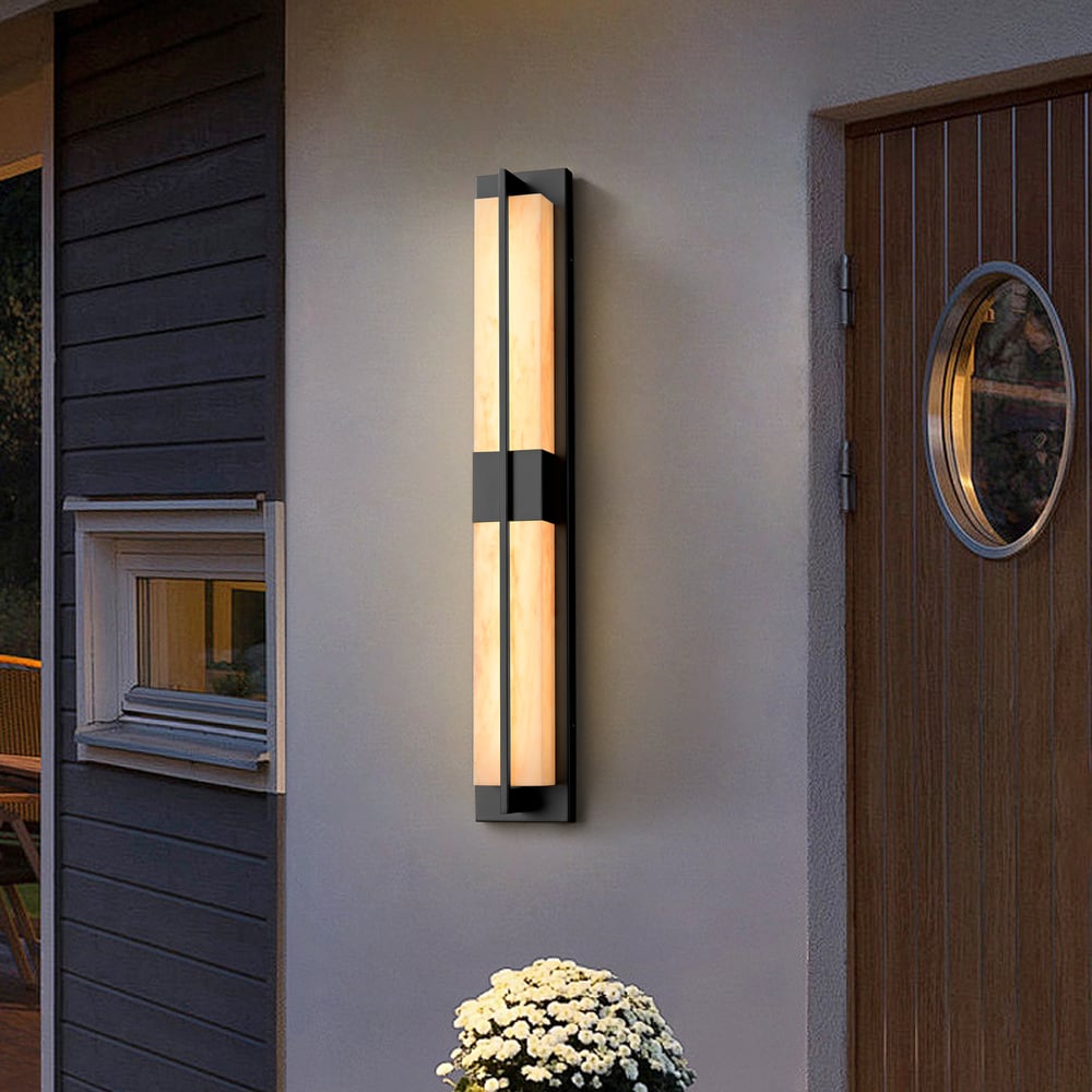 31" Outdoor Wall Light with Matte Black Iron Frame & Beige Marble-Effect Acrylic Shade window image