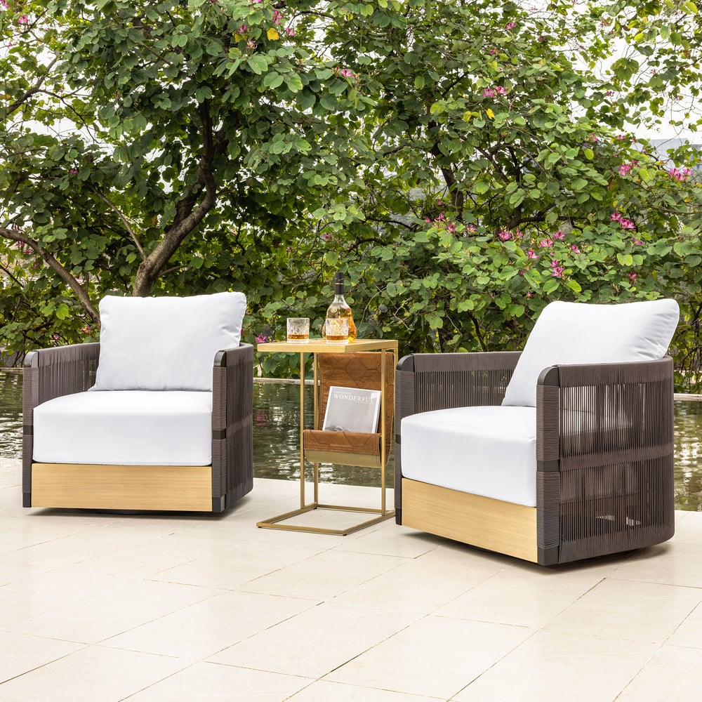 2-Pieces Woven Rope Swivel Chair, 360° Rotating Outdoor Patio Armchair window image