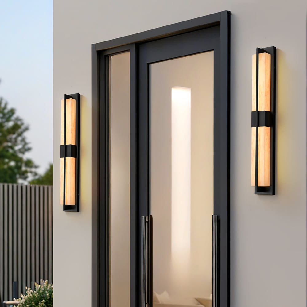 31" Outdoor Wall Light with Matte Black Iron Frame & Beige Marble-Effect Acrylic Shade window image