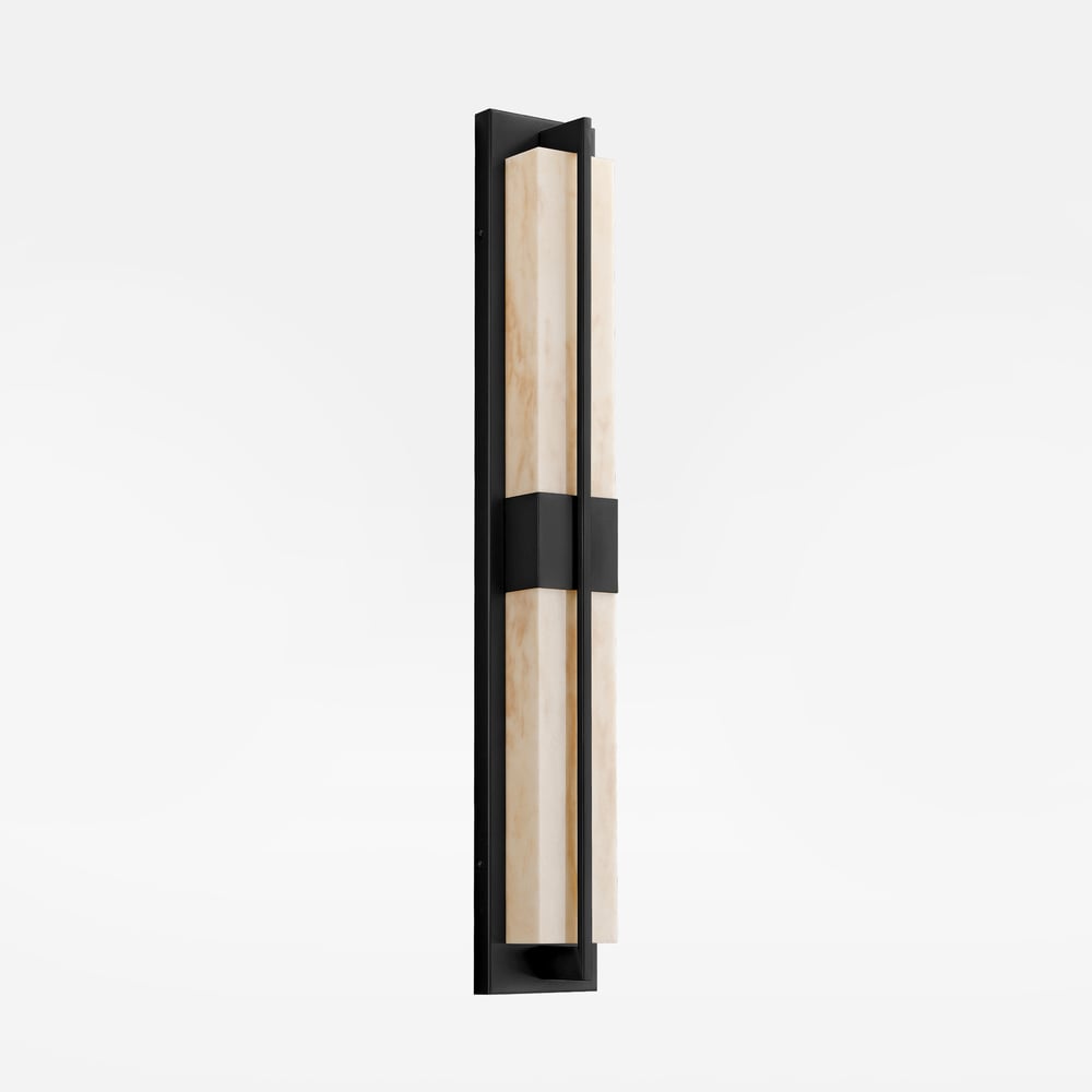31" Outdoor Wall Light with Matte Black Iron Frame & Beige Marble-Effect Acrylic Shade window image