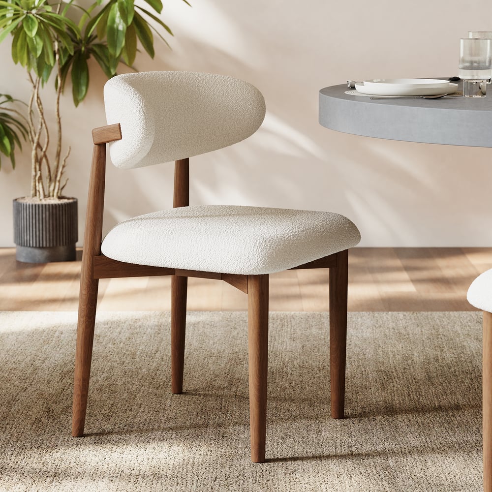 Modern Rubber Wood Walnut Dining Chair with Boucle Upholstery window image