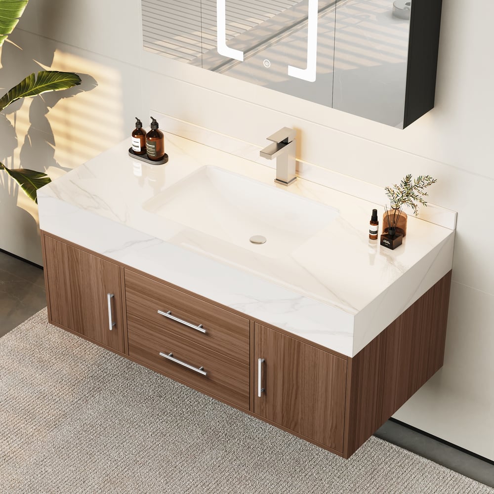 Bathroom Vanity Set 39.3" Modern Floating Stone Bathroom Vanity Walnut with Sink window image