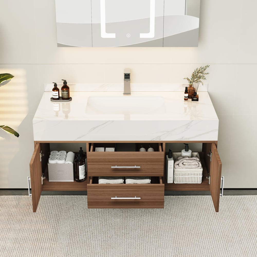 Bathroom Vanity Set 39.3" Modern Floating Stone Bathroom Vanity Walnut with Sink window image