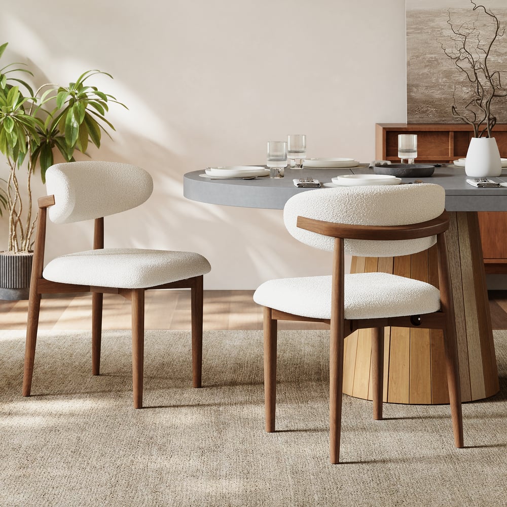 Modern Rubber Wood Walnut Dining Chair with Boucle Upholstery window image