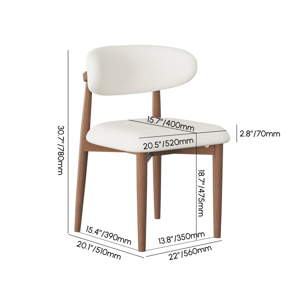 Modern Rubber Wood Walnut Dining Chair with Boucle Upholstery weights dimensions image