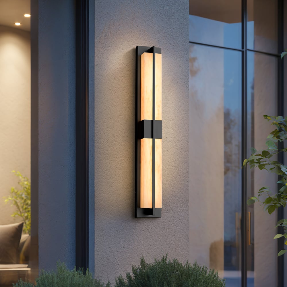 31" Outdoor Wall Light with Matte Black Iron Frame & Beige Marble-Effect Acrylic Shade window image