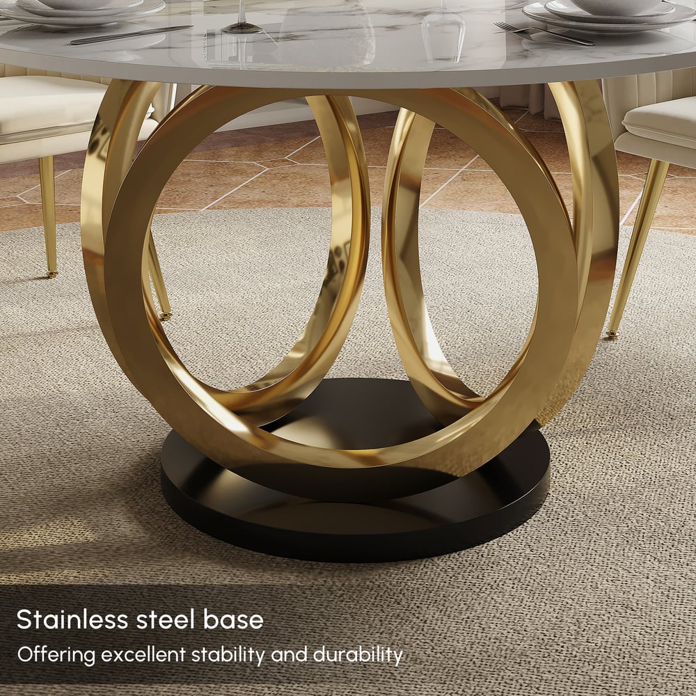 Round Dining Table Sintered Stone Top Gold & Black Pedestal for 6 Person Modern White window image