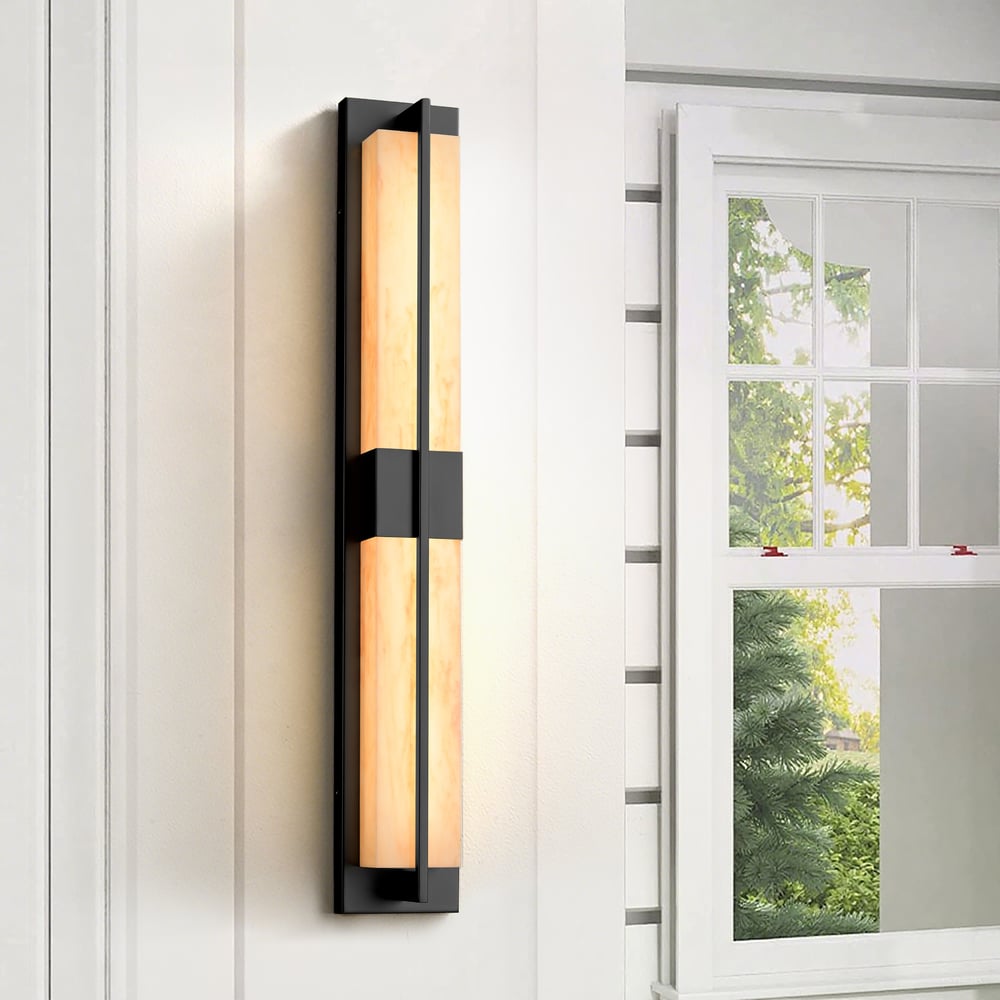 31" Outdoor Wall Light with Matte Black Iron Frame & Beige Marble-Effect Acrylic Shade window image