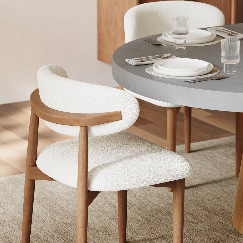 Sedia da pranzo moderna in legno di gomma e noce con rivestimento in boucle Immagine della finestra