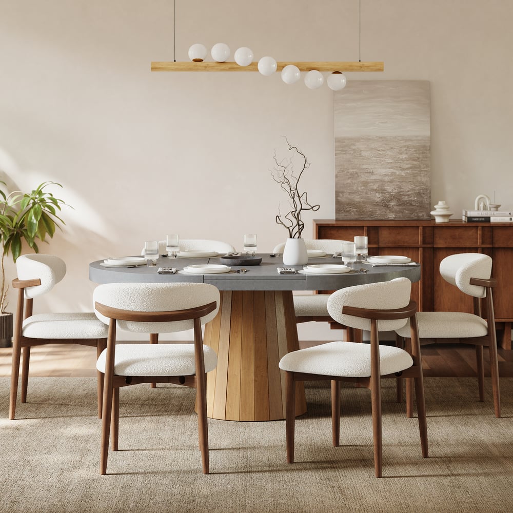 Modern Rubber Wood Walnut Dining Chair with Boucle Upholstery window image